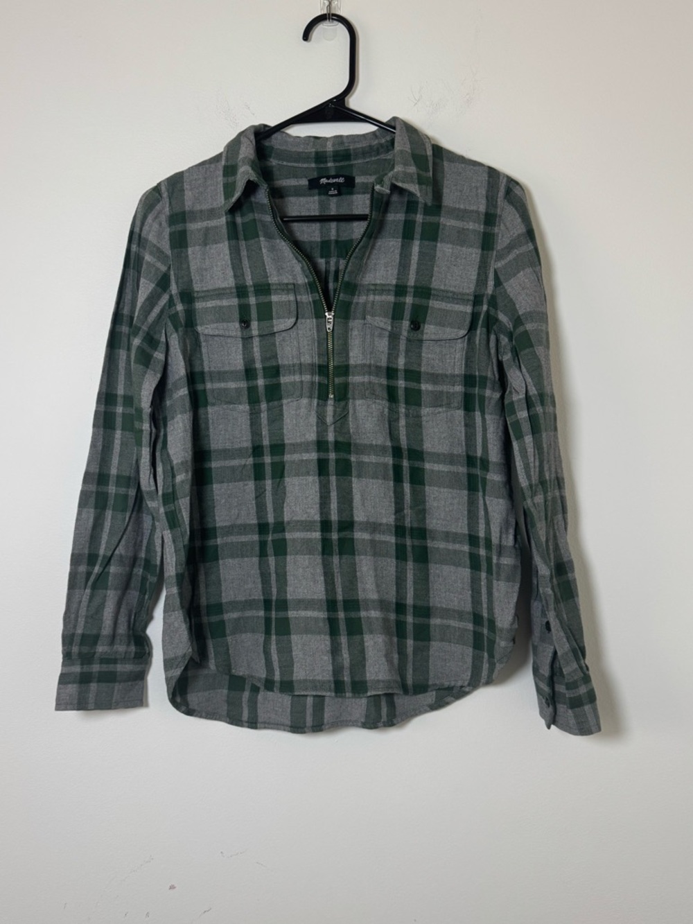 Madewell Plaid Flannel Shirt Women’s Small Green Gray Half Zip Pullover Cotton